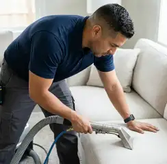 Professional upholstery cleaning technician using an extraction wand to deep-clean a fabric sofa, Orange, CA.